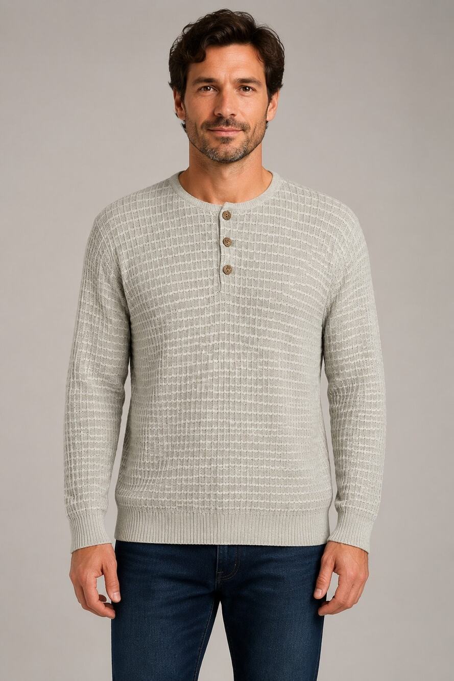 Pazzo Mens Large Beige Textured Knit Henley Sweater Cotton Rayon Pullover